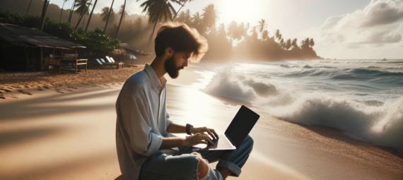 Digital Nomand arbeitet mit seinem Laptop direkt am Strand