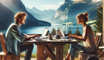Mann und Frau sitzen mit ihren Laptops an einem Tisch. Im Hintergrund sieht man eine schöne Berglandschaft mit See.