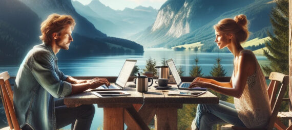 Mann und Frau sitzen mit ihren Laptops an einem Tisch. Im Hintergrund sieht man eine schöne Berglandschaft mit See.