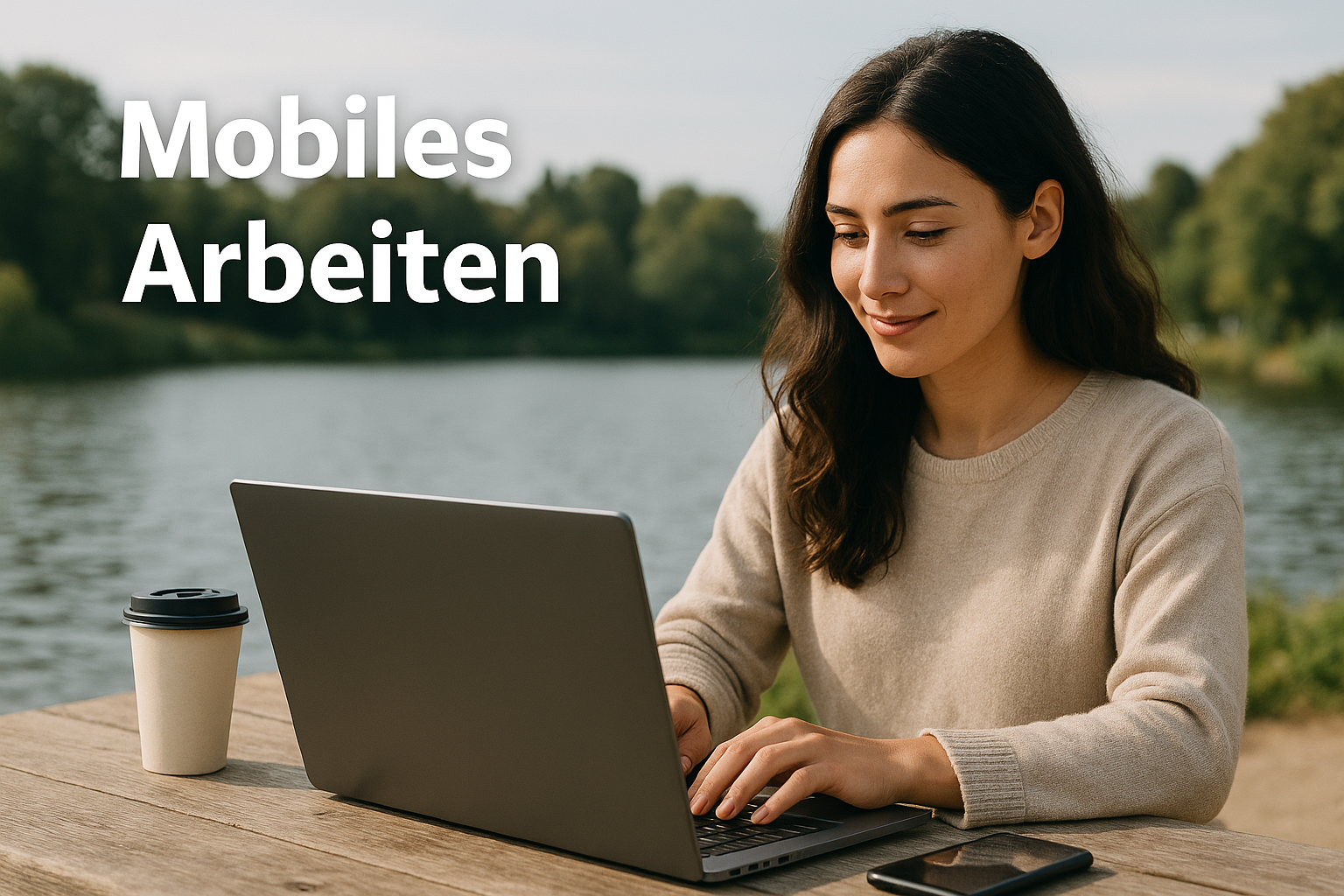 Frau sitzt am Laptop, draußen an einem See und arbeitet zufrieden.